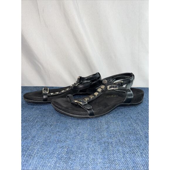 Vionic Hailey Gladiator Sandals Womens 7 Black Leather Gold Buckle T Straps - Picture 3 of 10